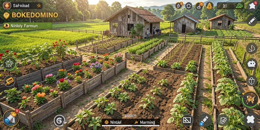 Screenshot BOKEDOMINO menunjukkan ladang hijau yang subur dengan berbagai tanaman.
