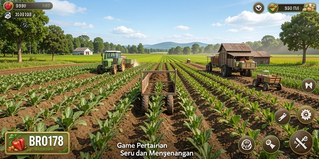 Screenshot gameplay BRO178 yang menunjukkan aktivitas bertani yang menyenangkan.