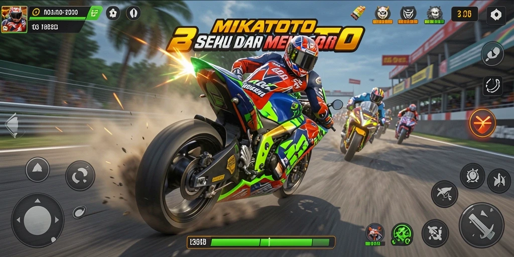 Tampilan gameplay MIKATOTO yang mendebarkan saat balapan motor.