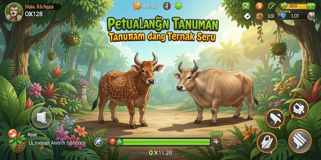 Tampilan gameplay OLX128 dengan kebun yang subur dan hewan ternak yang lucu.
