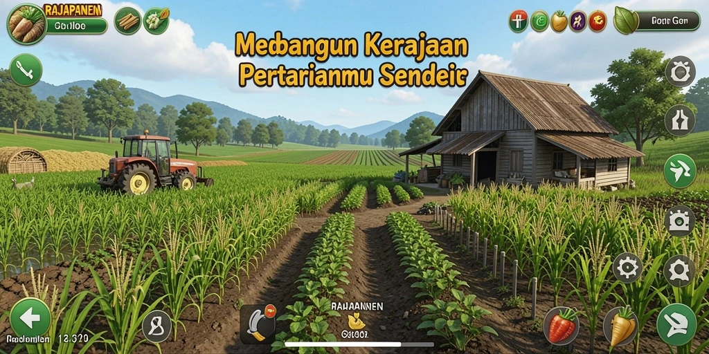 Screenshot gameplay RAJAPANEN yang menunjukkan pertanian yang indah dan terkelola.