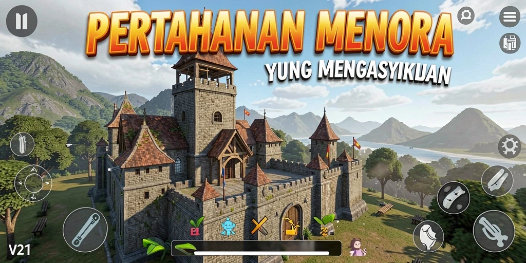Tangkapan layar gameplay V21 menunjukkan menara siap menghadapi serangan musuh.