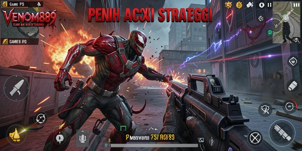 Screenshot gameplay <strong>VENOM889</strong> menampilkan aksi tembak-menembak yang intens.